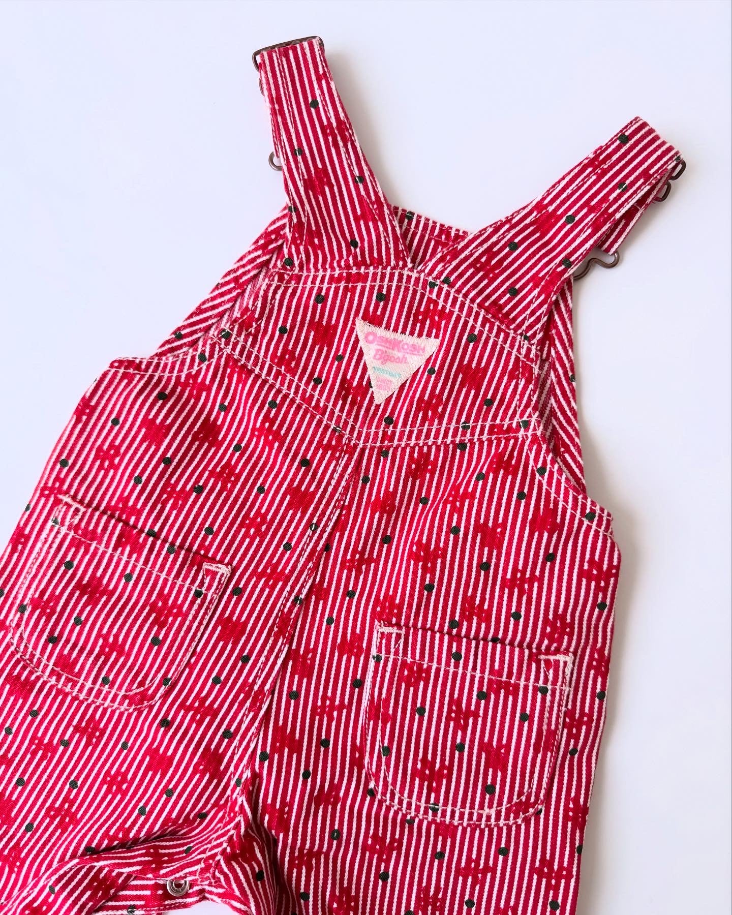 New Y2K Vintage Adorable Green Dots Red Little Bows Striped Oshkosh Dungarees
