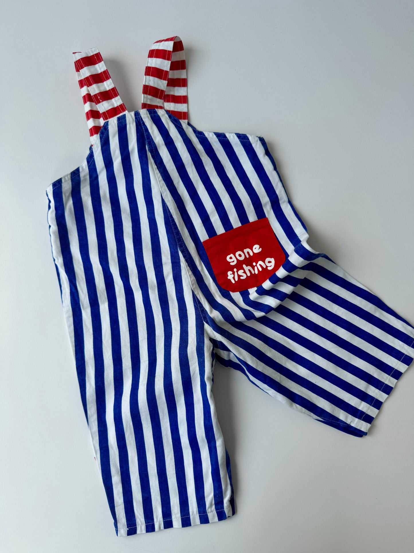 80s Vintage Striped Gone Fishing Overall