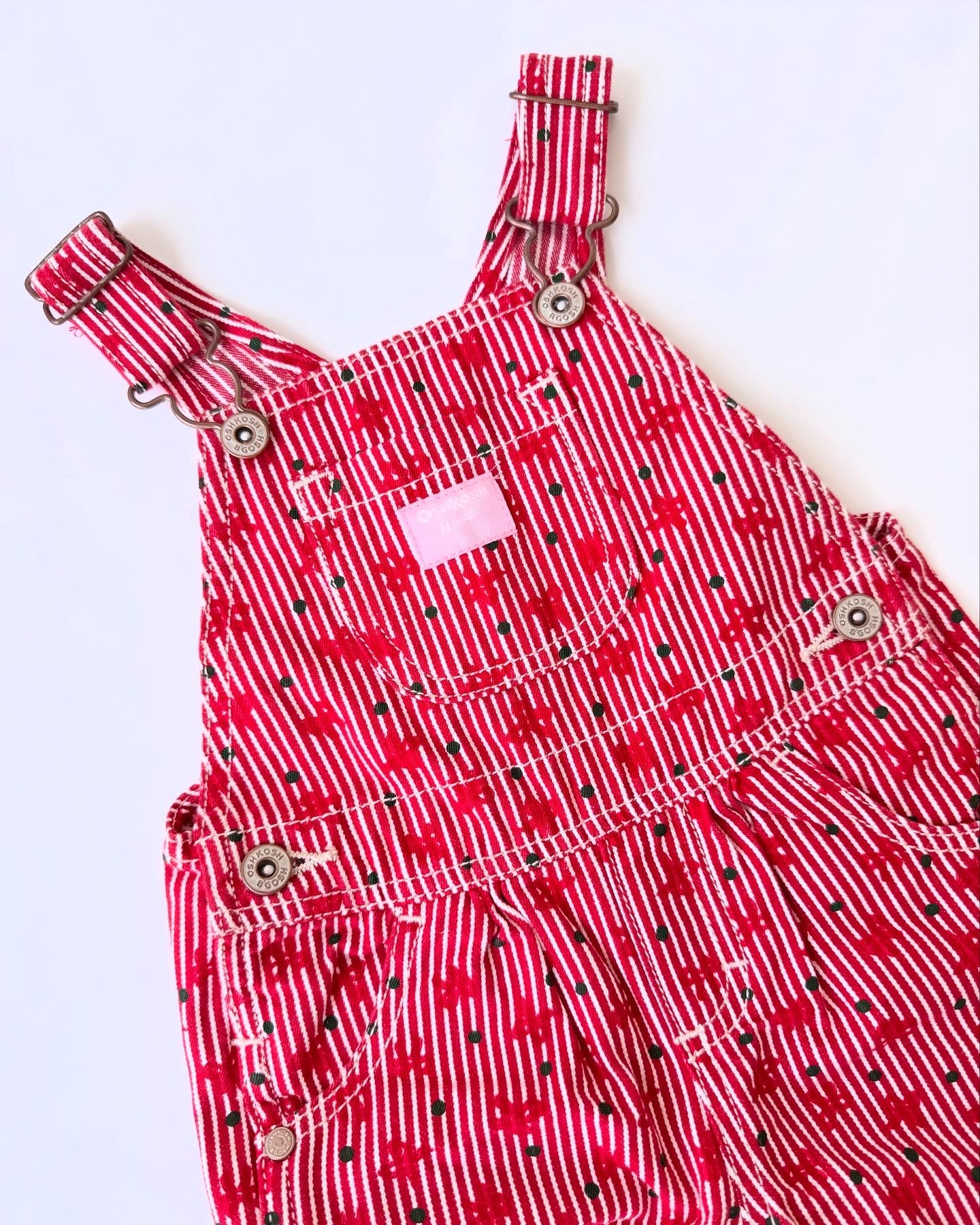 New Y2K Vintage Adorable Green Dots Red Little Bows Striped Oshkosh Dungarees