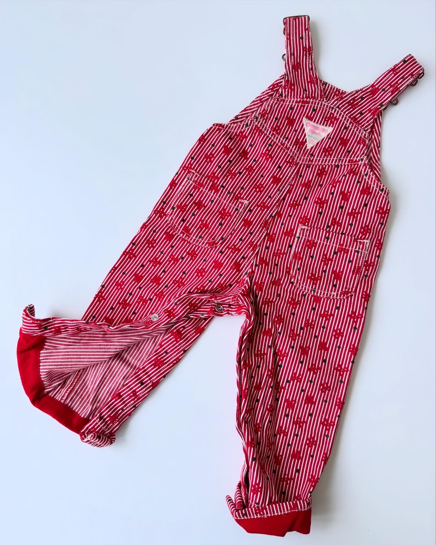 New Y2K Vintage Adorable Green Dots Red Little Bows Striped Oshkosh Dungarees