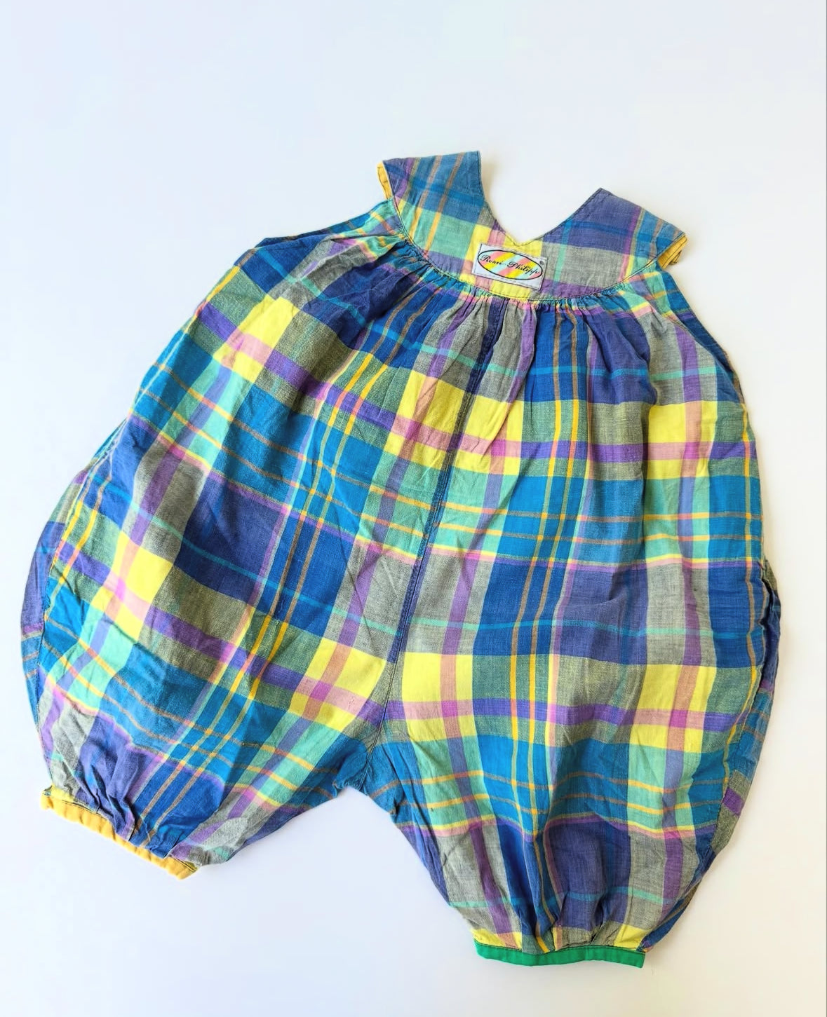 80s French Vintage Colorful Checkered Balloon Overall