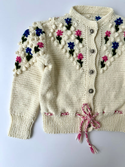 Handmade Austrian Knit Cardigan Popcorn Flower Embroidery Pink Blue