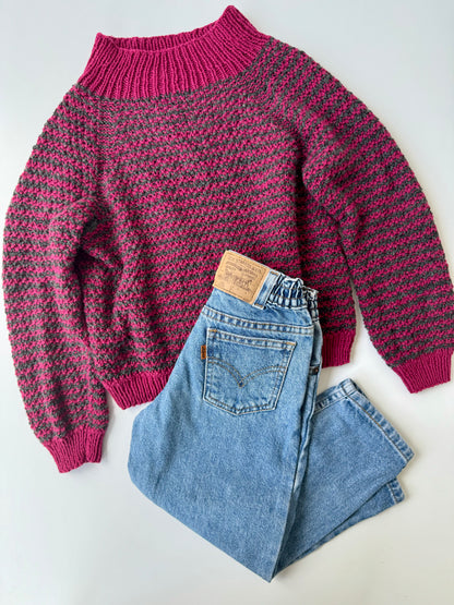 Handmade Knit Sweater Merino Dark Pink Grey