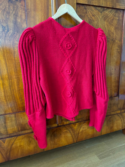 90s Vintage Bavarian Red Wool Knit Cardigan