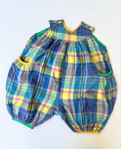 80s French Vintage Colorful Checkered Balloon Overall