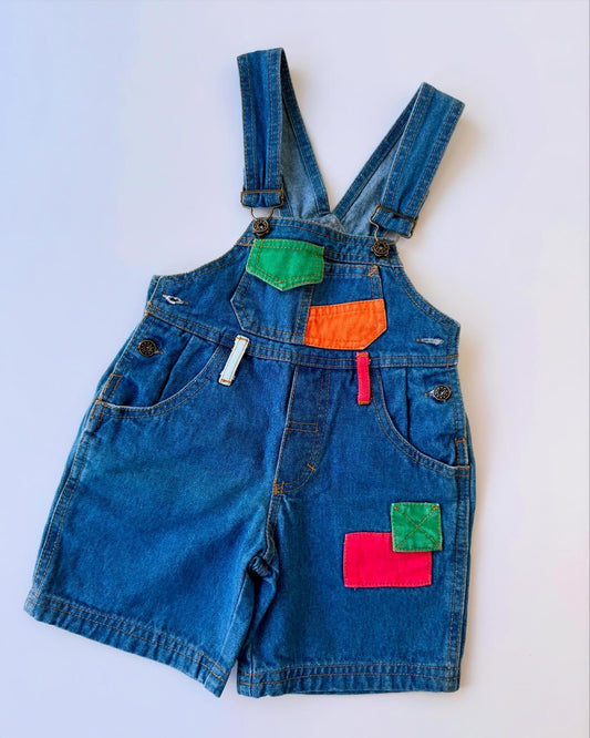 80s Vintage Color Block Super Cool Short Denim Dungarees