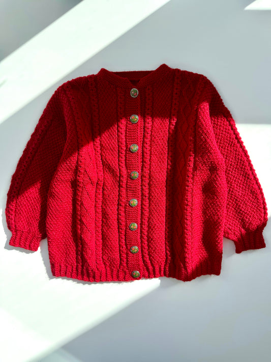 Handmade Deep Red Cable Knit Wool Cardigan