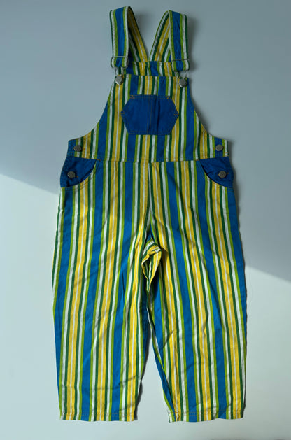 80s Vintage Striped Green Yellow Blue Dungarees