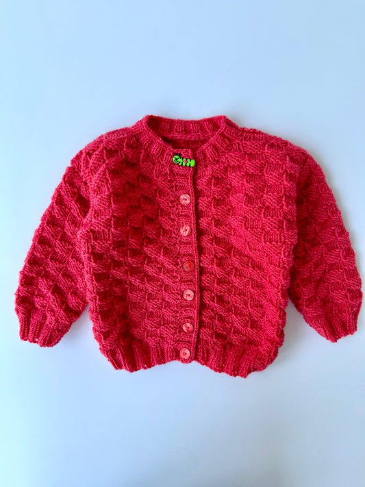 Handmade Brilliant Coral Red Caterpillar Knit Cardigan