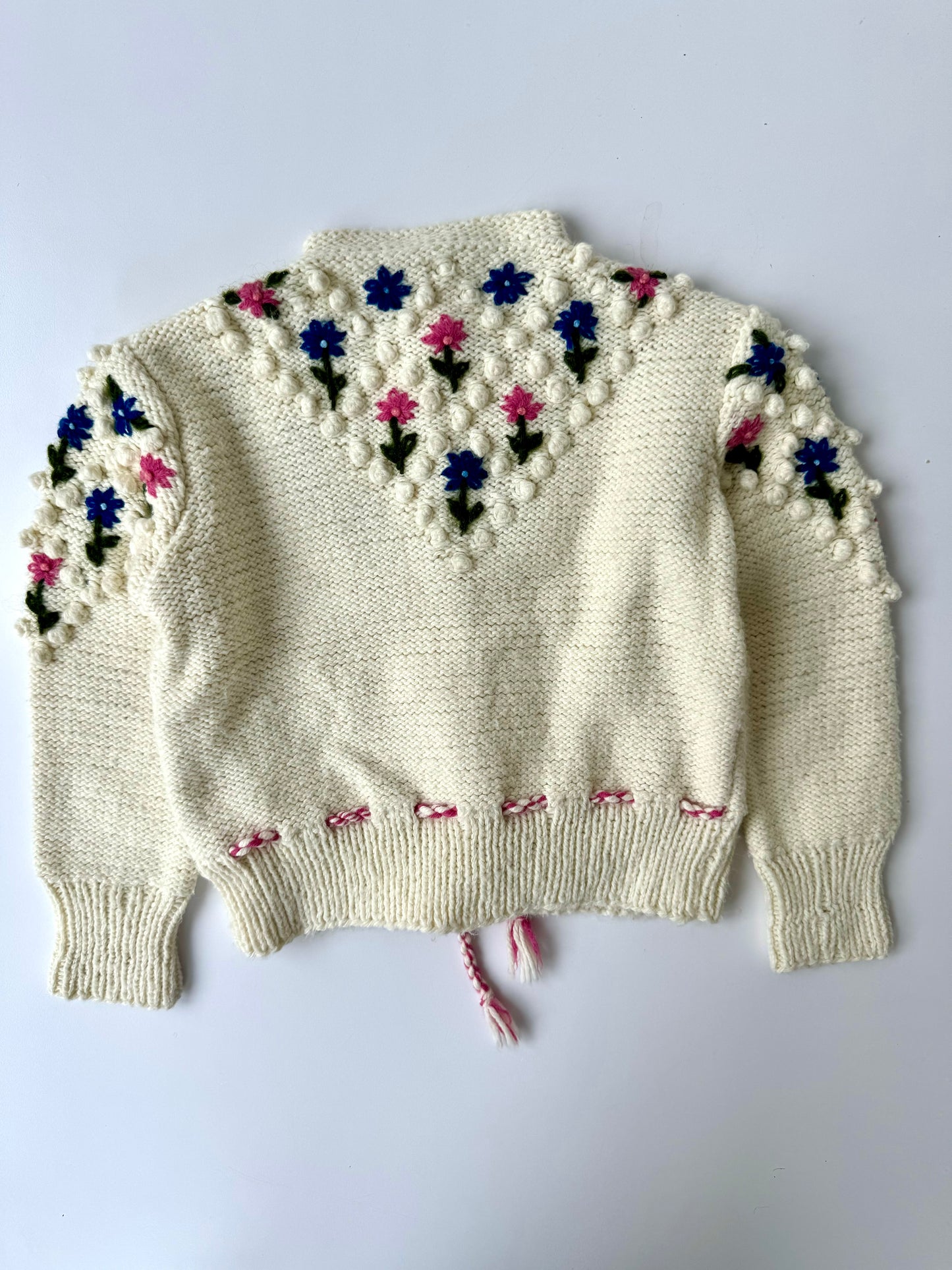 Handmade Austrian Knit Cardigan Popcorn Flower Embroidery Pink Blue