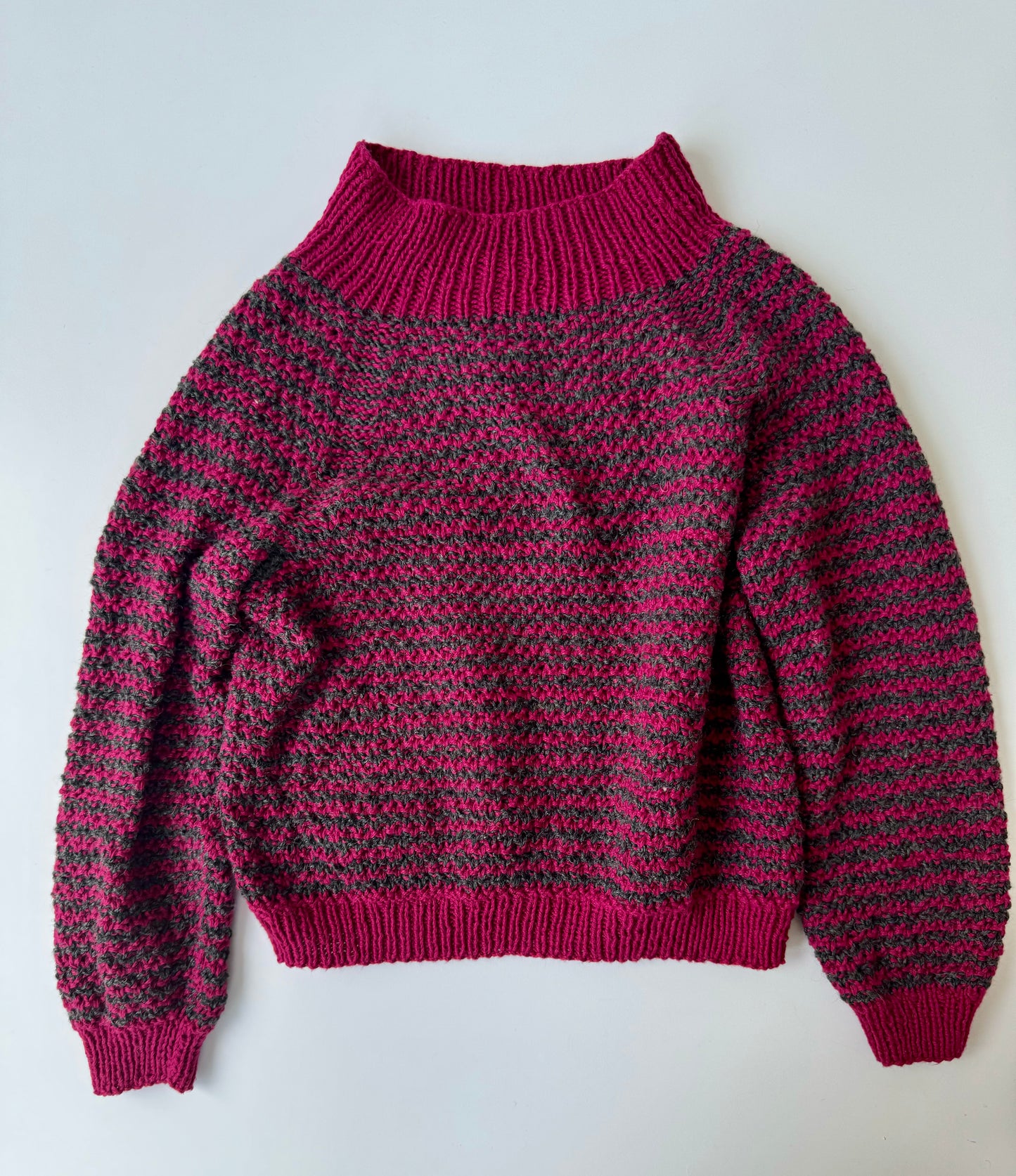 Handmade Knit Sweater Merino Dark Pink Grey