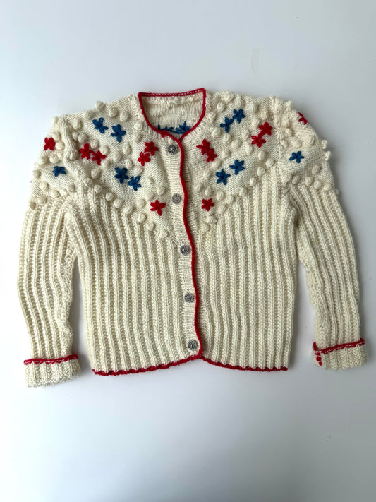 Handmade Austrian Knit Cardigan Popcorn Flower Embroidery Red Blue