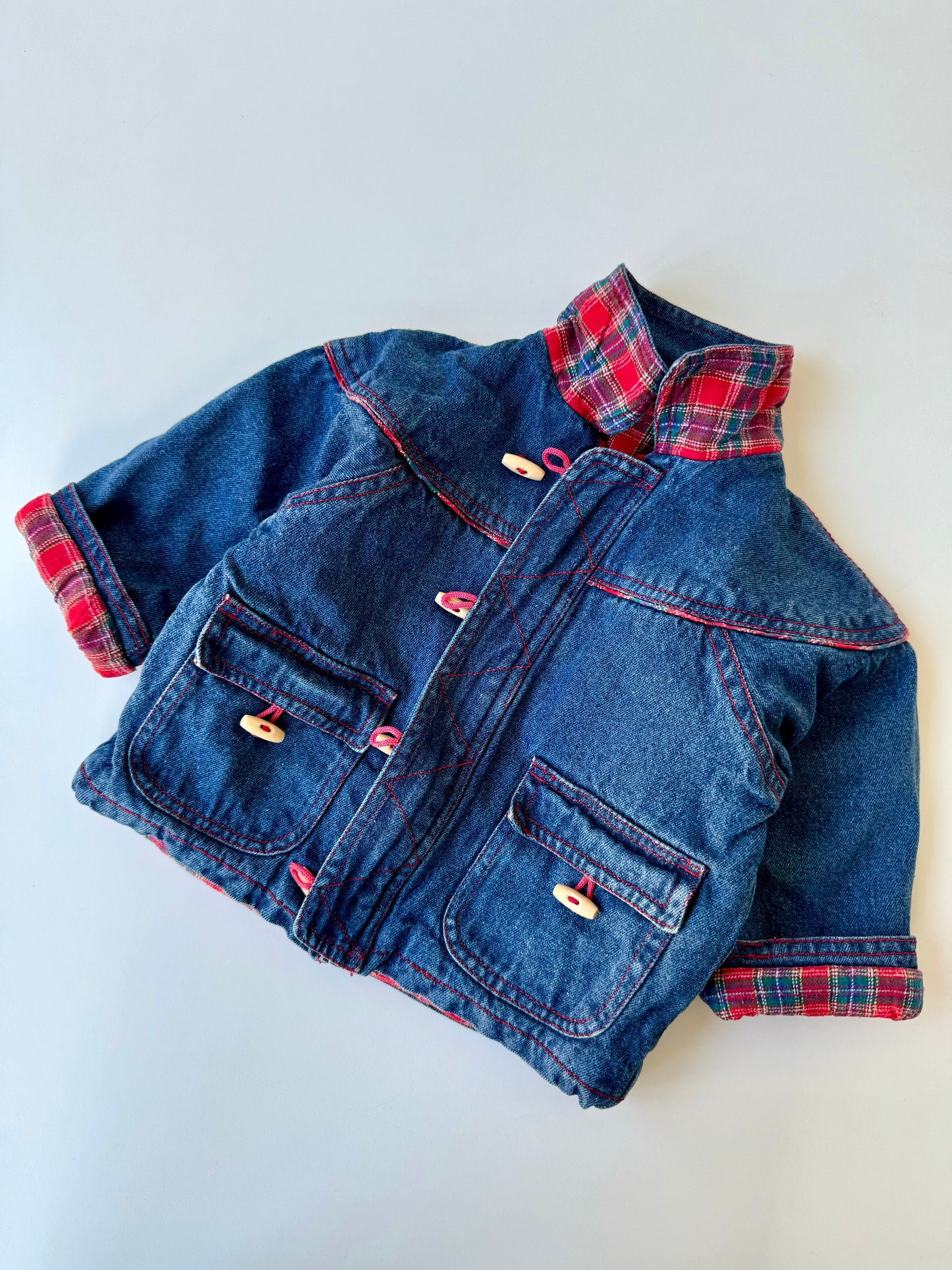 80s Vintage Checked Warm Lined Denim Jacked