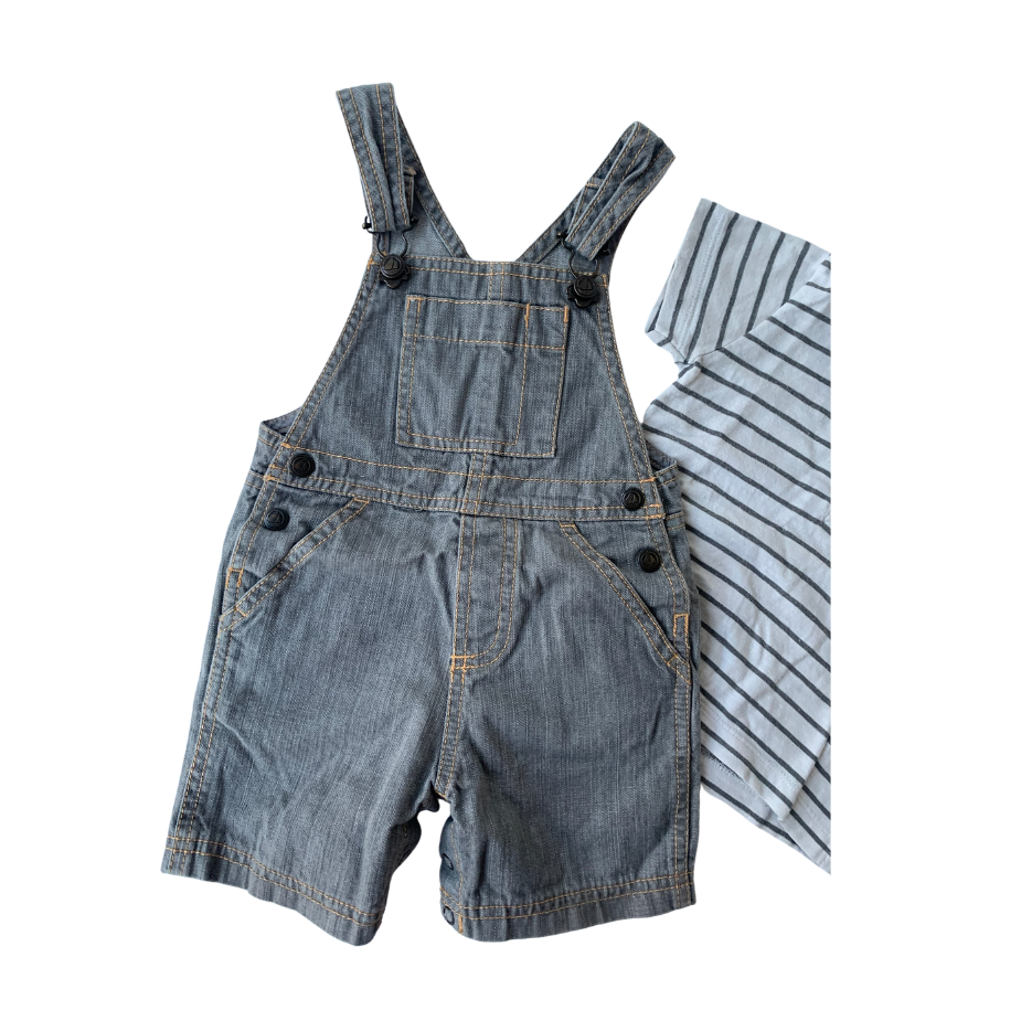 Set of Petit Bateau Denim Dungarees & Striped Polo