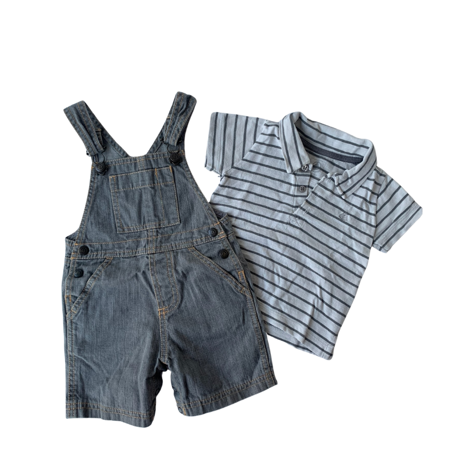 Set of Petit Bateau Denim Dungarees & Striped Polo