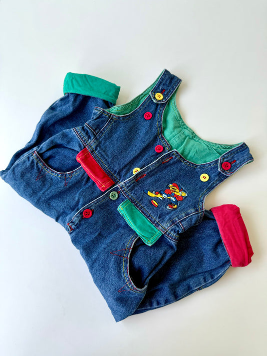 80s Vintage Colorful Lined Soft Denim Overall Hockey Mouse