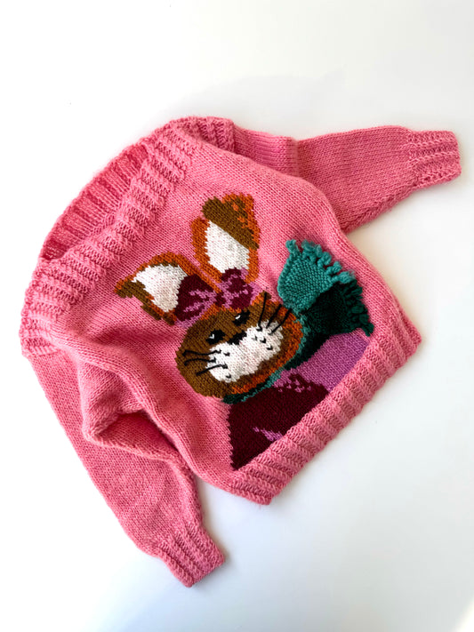 Handmade Pink Ski Bunny Knit Wool Sweater