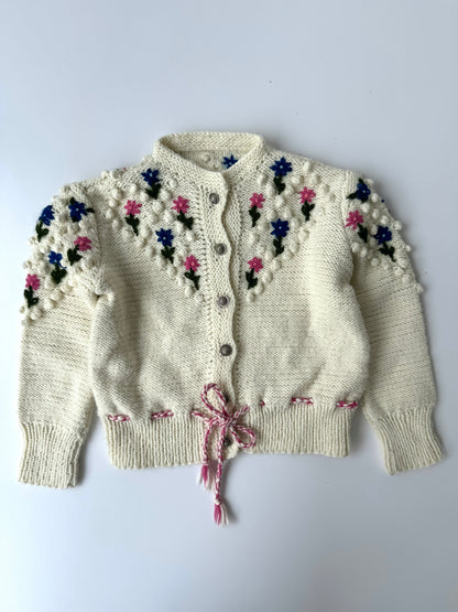 Handmade Austrian Knit Cardigan Popcorn Flower Embroidery Pink Blue